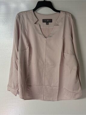 ELIZABETH & CLARKE Blouse Women 18W Pink V Neck Roll Tab Long Sleeve Business